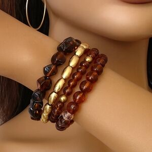 Gold Brown Stretchy Beaded Bracelet Set of 4 Statement Womens Fashion Jewelry